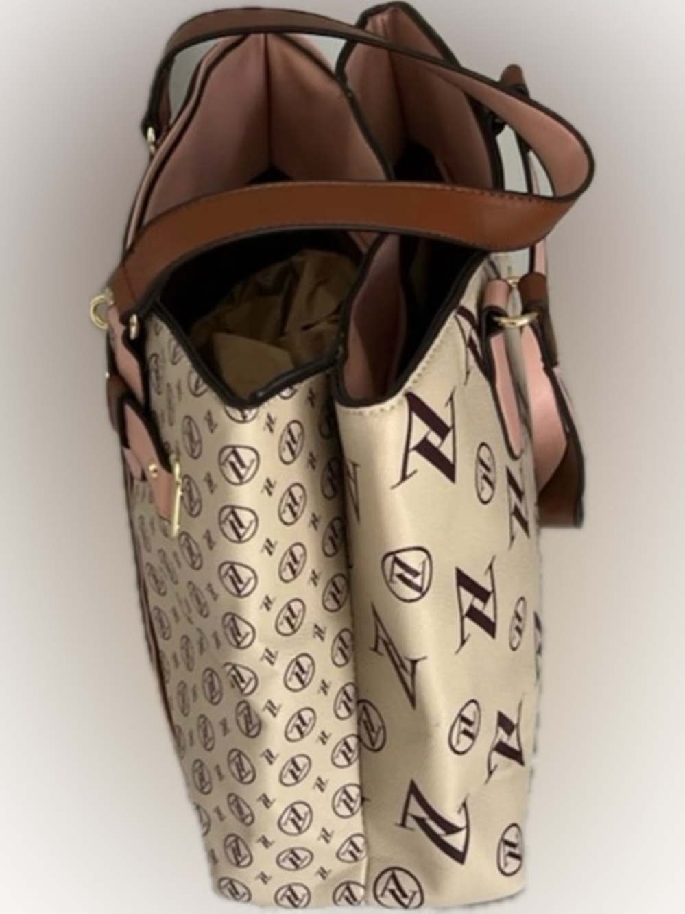 Adrienne Vittadini Beige, Pink & Brown Logo Tote with Gold Hardware - Picture 5 of 11